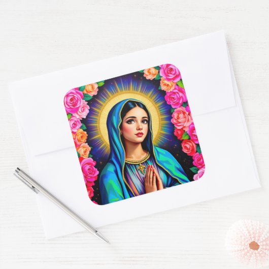 Maagd Maria met Gebedshanden & Rozen Groot Vierkante Sticker (Envelop)