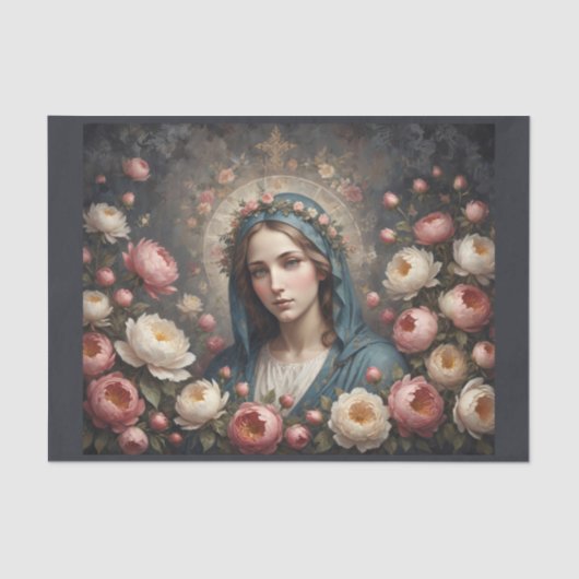 Maagd Maria met halo en bloemen Tissuepapier (Voorkant)