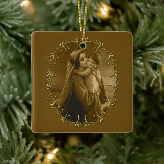 Maagd Maria met Kind Jezus, Gouden Grens Ontwerp Keramisch Ornament (Boom)