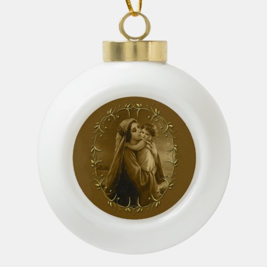 Maagd Maria met Kind Jezus, Gouden Grens Ontwerp Keramische Bal Ornament (Voorkant)