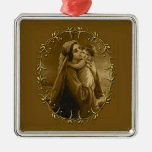 Maagd Maria met Kind Jezus, Gouden Grens Ontwerp Metalen Ornament