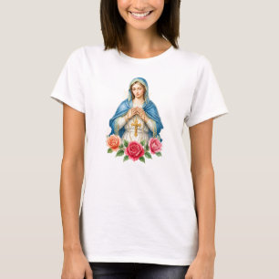 Maagd Maria met rozenkrans katholieke bloem T-shirt