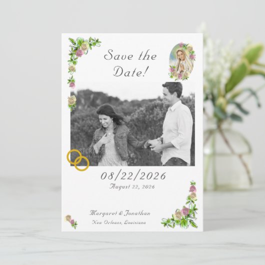Maagd Maria Nuptial Save the Date Bladwijzer (Staand voorkant)