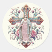Maagd Maria Rozen Kruis Katholiek Ronde Sticker (Voorkant)