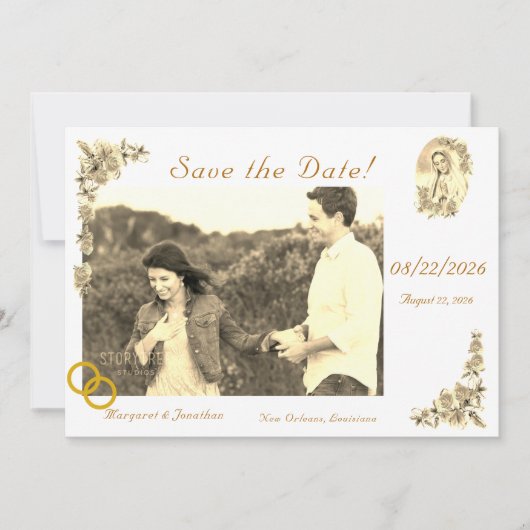 Maagd Maria Sepia Katholieke bruiloft Save the Dat Save The Date (Voorkant)