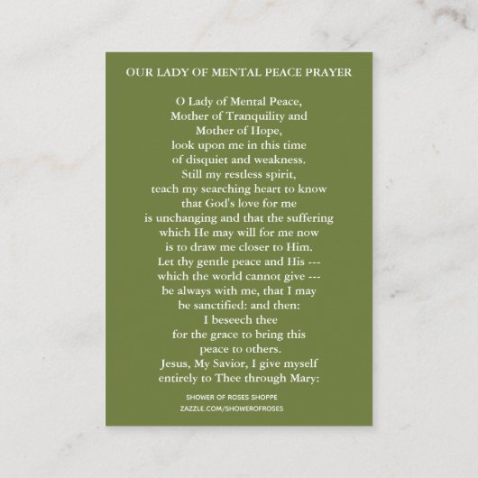 Maagd Maria van de geestelijke vrede Geestelijke g Visitekaartje (Achterkant)