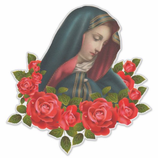 Maagd Maria Verdrietig Moeder Rode Rozen Sticker (Voorkant)