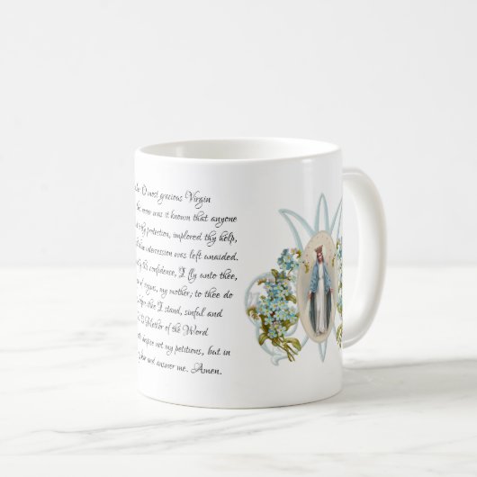 Maagd Mary Floral religieus Memorare Prayer Cof Koffiemok (Voorkant rechts)