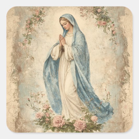 Maagd Mary Floral Religieuze  katholieke Maagd Vierkante Sticker (Voorkant)