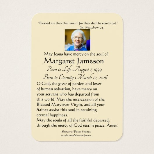 Maagd Mary Jesus Funeral Prayer Memorial Kaart (Achterkant)