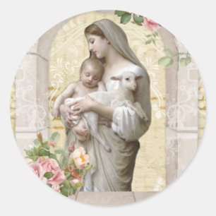 Maagd Mary Jesus Lamb  Floral Religieuze Ronde Sticker