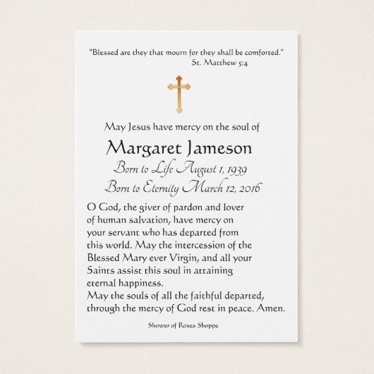 Maagd Mary Katholieke begrafenis Memorial Heilige  Visitekaartje (Achterkant)