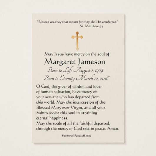 Maagd Mary Katholieke begrafenis Memorial Heilige  Visitekaartje (Achterkant)