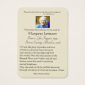 Maagd Mary Katholieke begrafenis Memorial Heilige  Visitekaartje (Achterkant)