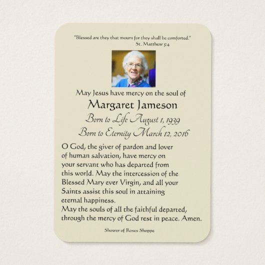 Maagd Mary Katholieke begrafenis Memorial Heilige  Visitekaartje (Achterkant)