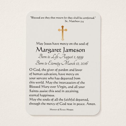 Maagd Mary Katholieke begrafenis Memorial Heilige  Visitekaartje (Achterkant)