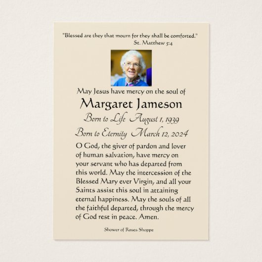 Maagd Mary Katholieke begrafenis Memorial Heilige  Visitekaartje (Achterkant)