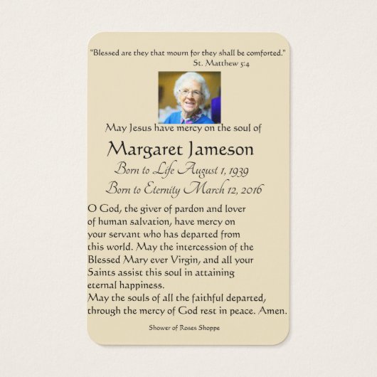 Maagd Mary Katholieke begrafenis Memorial Heilige  Visitekaartje (Achterkant)