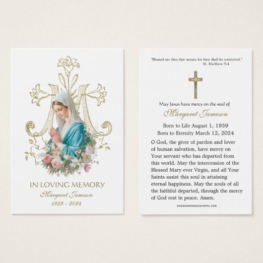 Maagd Mary Katholieke begrafenis Memorial Heilige  Visitekaartje (Voorkant /achterkant)