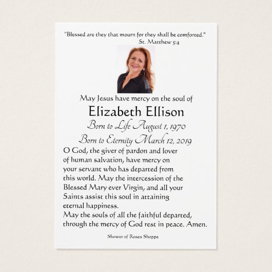 Maagd Mary Katholieke begrafenis Memorial Heilige  Visitekaartje (Achterkant)