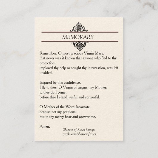 Maagd Mary Memorare Heilige Kaart Visitekaartje (Achterkant)