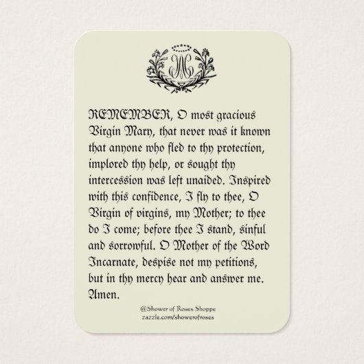 Maagd Mary Memorare Prayer zonder blote ogen Visitekaartje (Achterkant)