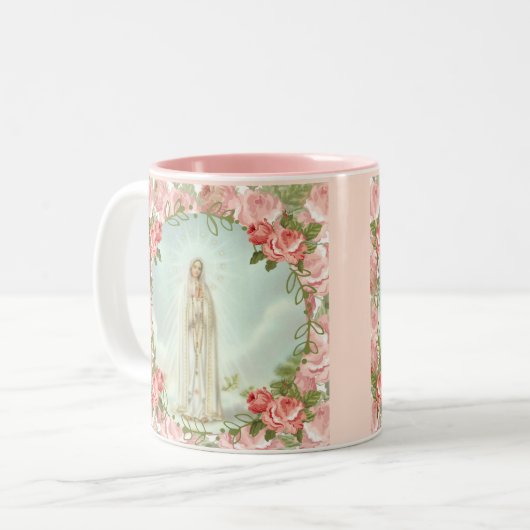 Maagd Mary Onze Vatima zonder blote voeten Tweekleurige Koffiemok (Voorkant links)