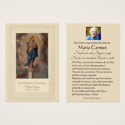 Maagd Mary Our Lady van de Spaanse pilaar Visitekaartje (Voorkant /achterkant)