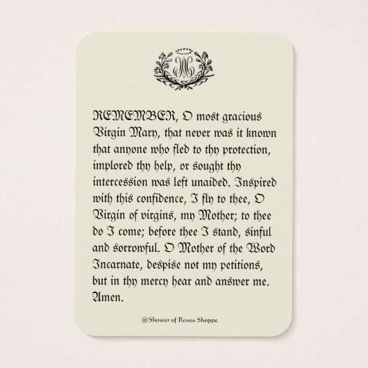 Maagd Mary Prayer Memorare Heilige Kaart, zonder b Visitekaartje (Achterkant)