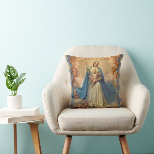 Maagd Mary Queen of the Angels Kussen (Stoel)