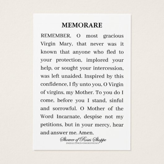 Maagd Mary Religieuze Katholieke Memorare Prayer Visitekaartje (Achterkant)
