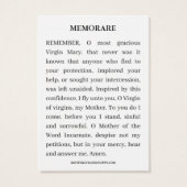 Maagd Mary Religieuze Katholieke Memorare Prayer Visitekaartje (Achterkant)