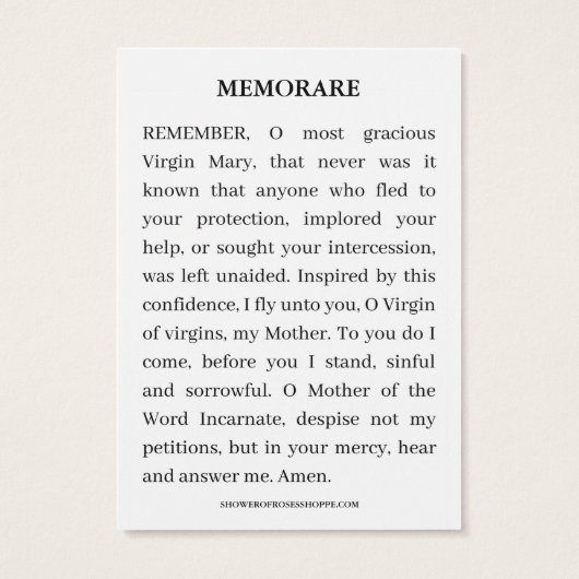 Maagd Mary Religieuze Katholieke Memorare Prayer Visitekaartje (Achterkant)
