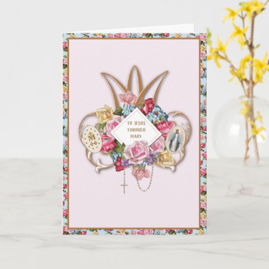 Maagd Mary Religieuze Rozen Rosary Floral katholie Kaart (Gele Bloem)