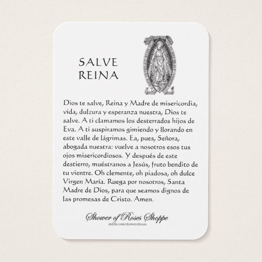 Maagd Mary Salve Reina, Spaans gebed Heilige Kaart (Achterkant)