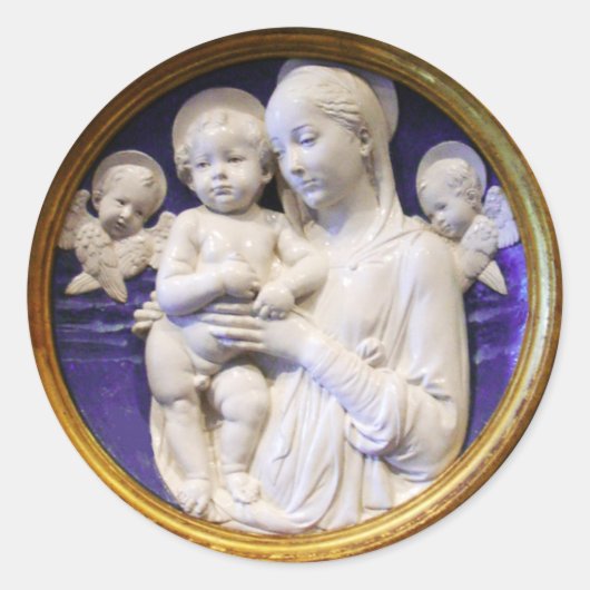 MAAGD MET KIND EN ENGELEN, Blauw Wit Kerstmis Ronde Sticker (Voorkant)