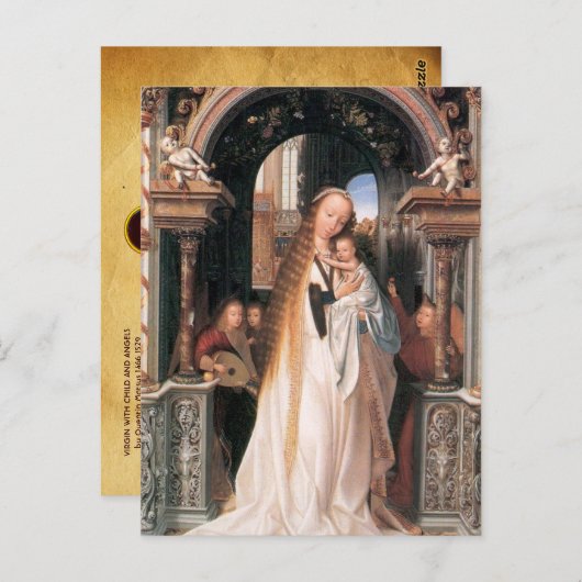 MAAGD MET KIND EN ENGELEN, perkament Briefkaart (Voorkant / Achterkant)