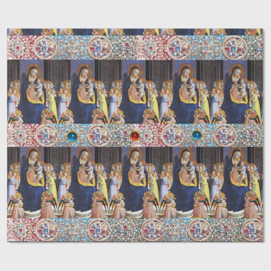 MAAGD MET KIND EN HEILIGEN ,RODE BLAUWE EDELSTENEN CADEAUPAPIER (Vlak)