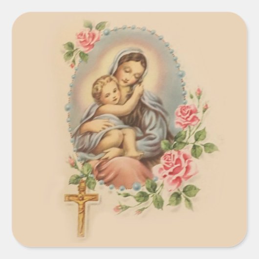 Maagd Moeder Maria en Baby Jesus Rozenkrans & Roze Vierkante Sticker (Voorkant)