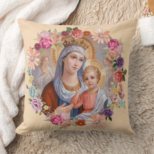 Maagd Moeder Mary Baby Jesus Floral met kroonkroon Kussen (Deken)