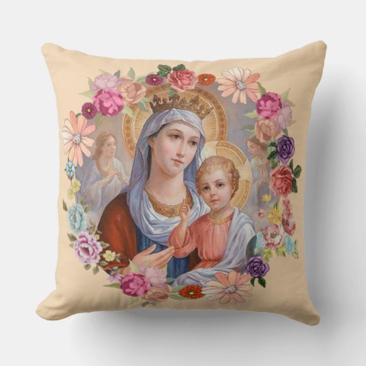 Maagd Moeder Mary Baby Jesus Floral met kroonkroon Kussen (Voorkant)