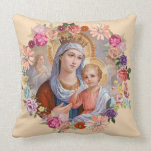 Maagd Moeder Mary Baby Jesus Floral met kroonkroon Kussen