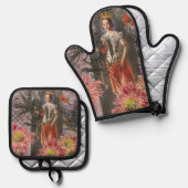 Maagd Vrouw Portret Antiek Kleurrijke Rijk Ovenwant & Pannenlap Set (Voorkant / Achterkant)