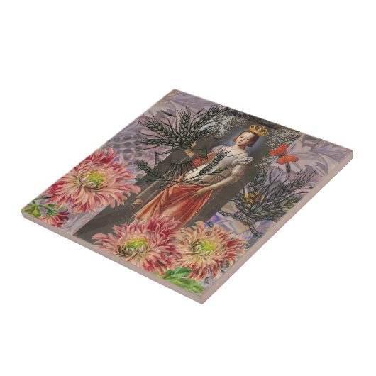 Maagd Vrouw Portret Antiek Kleurrijke Rijk Tegeltje (Zijkant)