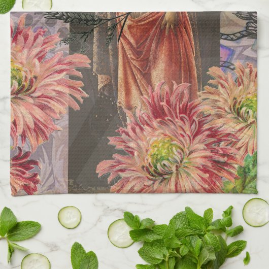 Maagd Vrouw Portret Antiek Kleurrijke Rijk Theedoek (Gevouwen)