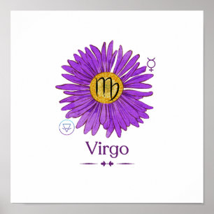 Maagd Zodiac Teken met Paarse Aster Flower Poster