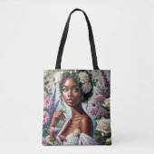 Maagd zwarte vrouw met Rozen en chrysanten Tote Bag (Voorkant)