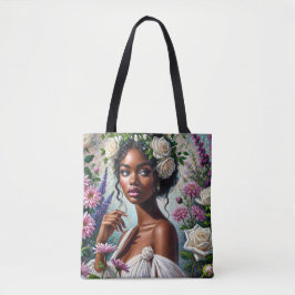 Maagd zwarte vrouw met Rozen en chrysanten Tote Bag
