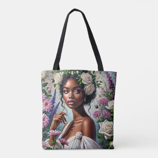 Maagd zwarte vrouw met Rozen en chrysanten Tote Bag (Achterkant)