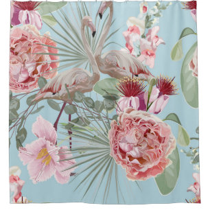 Maagdenboho luxueuze tuin Flamingo bloemen blauw Douchegordijn